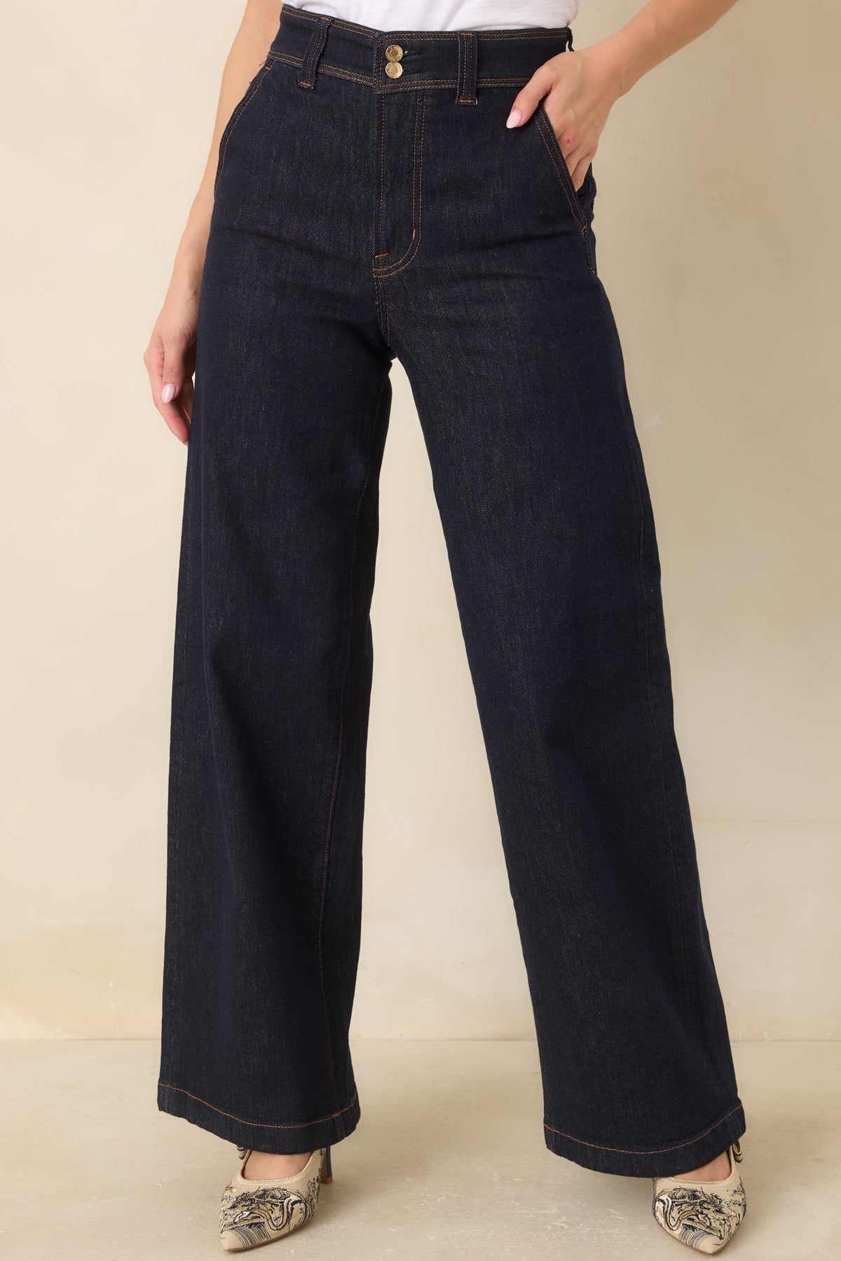 Koyu İndigo Yüksek Bel Bol Paça Denim Pantolon