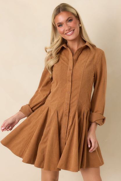 Camel Fitilli Kadife Düğmeli Mini Gömlek Elbise