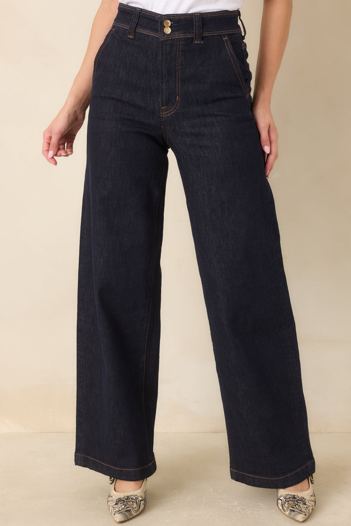 Koyu İndigo Yüksek Bel Bol Paça Denim Pantolon