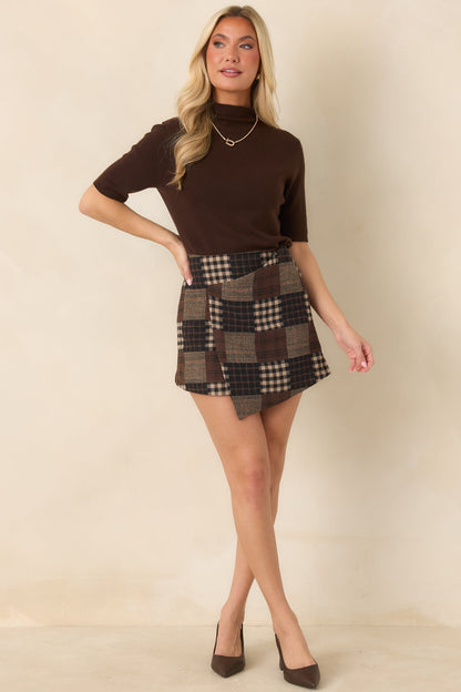 Kahverengi Çok Desenli Patchwork Ekose Mini Etek