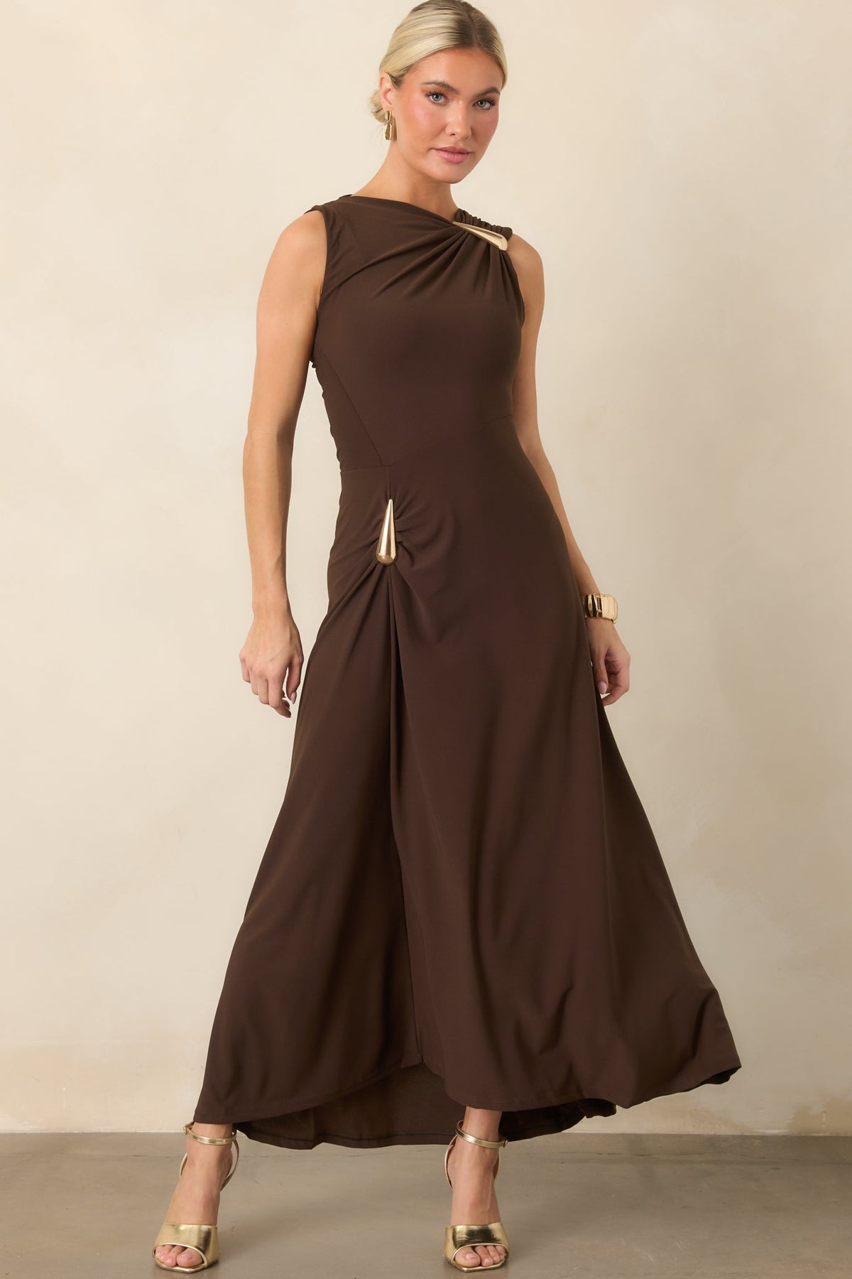 Çikolata Kahve Drape Detaylı Maksi Elbise