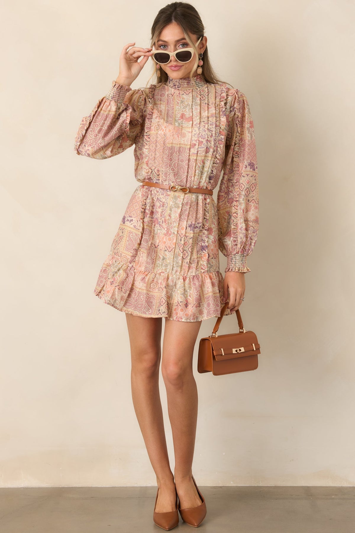 Pudra Çok Renkli Patchwork Desenli Mini Elbise