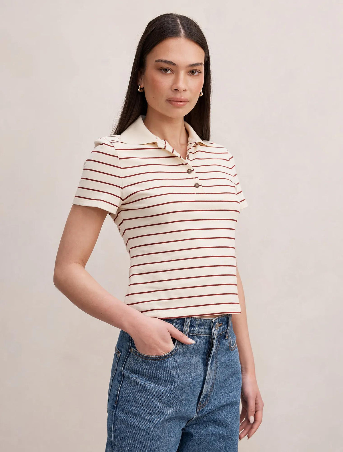 Scottie Çizgili Polo Bluz Krem/ Bordo Çizgili