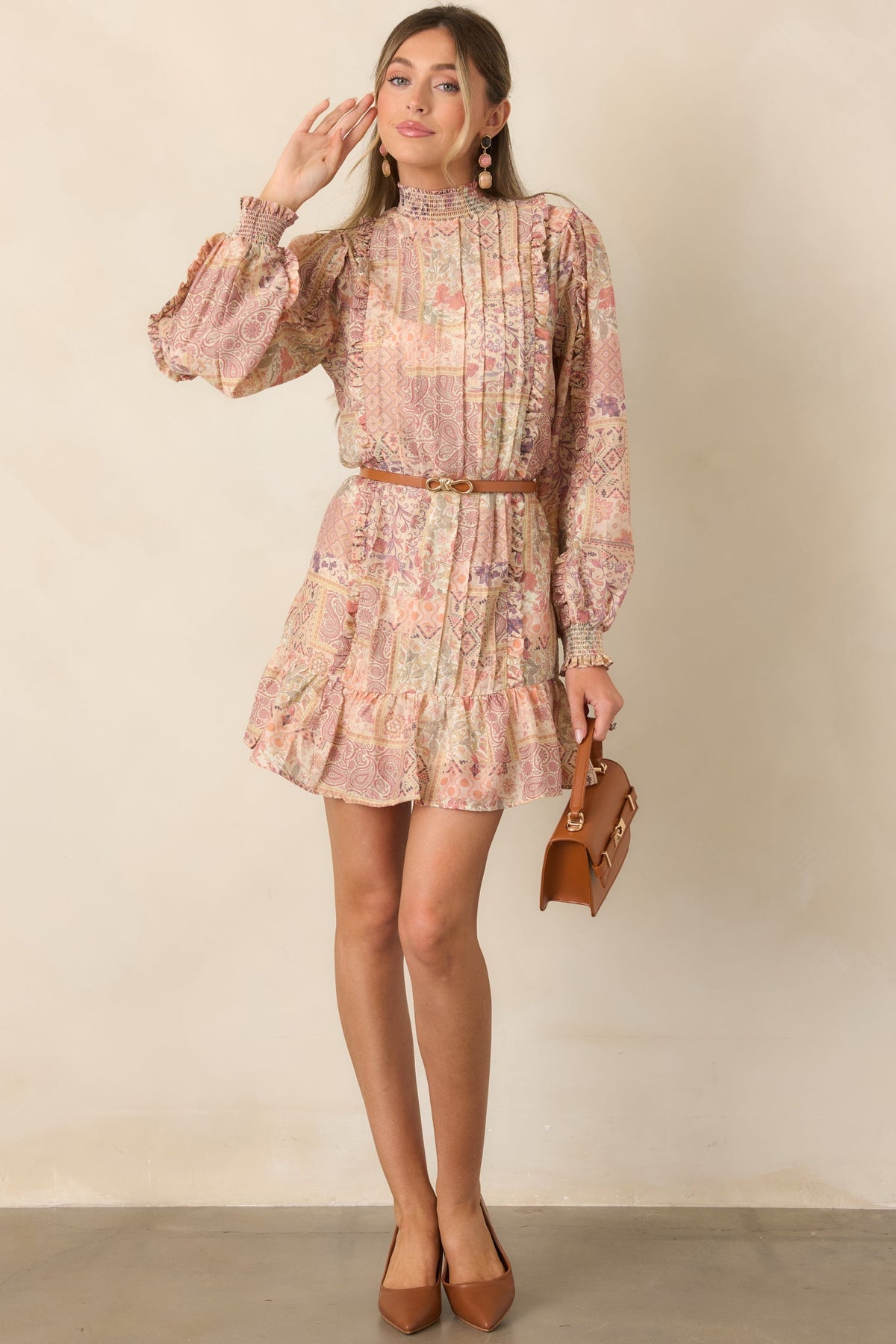 Pudra Çok Renkli Patchwork Desenli Mini Elbise