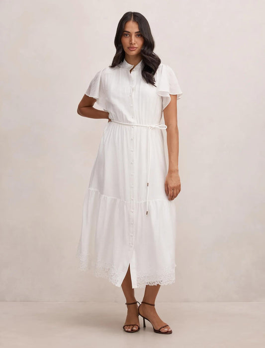 Harriet Dantel Detail Midi Elbise Kırık Beyaz