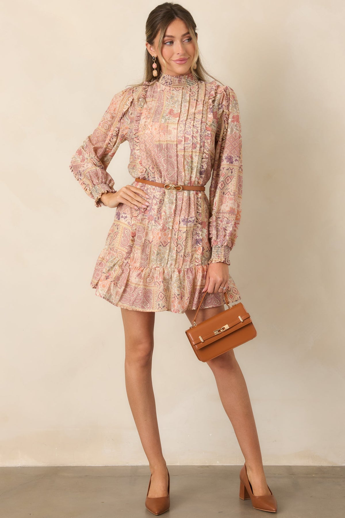 Pudra Çok Renkli Patchwork Desenli Mini Elbise