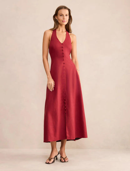 Ina Düğmeli Midi Elbise Pomegranate