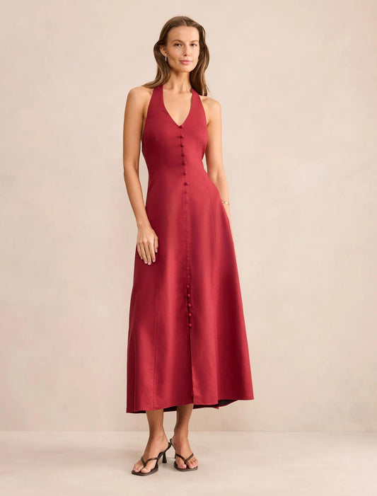 Ina Düğmeli Midi Elbise Pomegranate