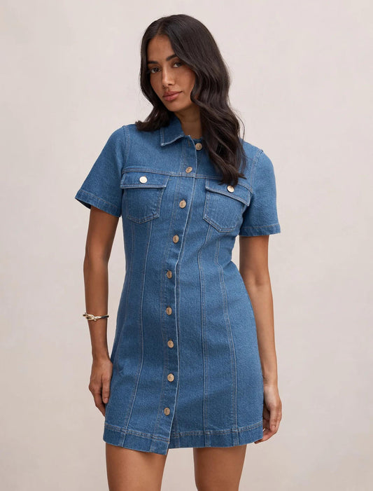 Sophia Mini Elbise Denim Gömlek Elbise Koyu Yıkama