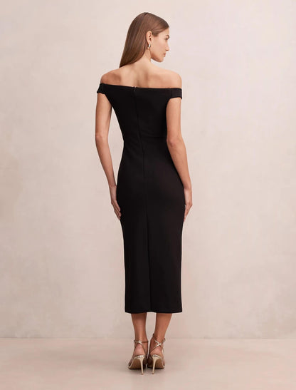 Zaria Omuzları Açık Bodycon Midi Elbise Siyah