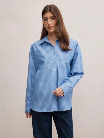 Ivie Oversize Gömlek Mid Mavi Çizgili