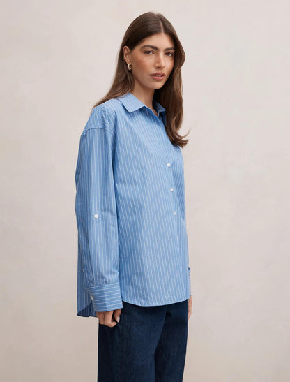 Ivie Oversize Gömlek Mid Mavi Çizgili