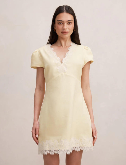 Lexi Dantel Kenarlı Keten Mini Elbise Spring Sarı