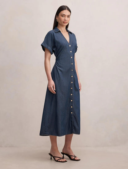 Penny Cinched Waist Midi Elbise İndigo Chambray