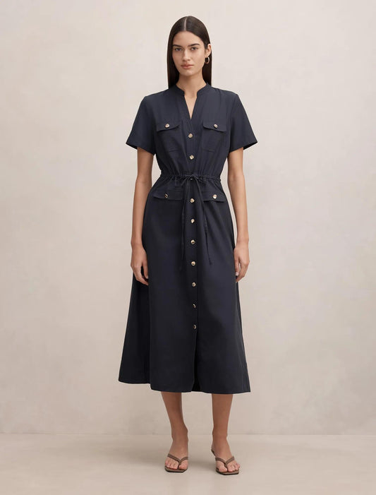 Tessa Düğmeli Midi Elbise Washed Lacivert