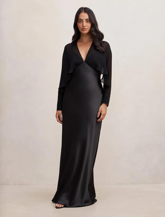 Electra Sleeve Pelerin Maxi Elbise Siyah