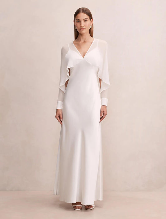 Electra Sleeve Pelerin Maxi Elbise Gelin Beyazı