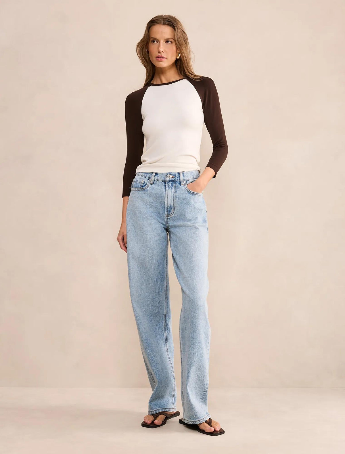Sasha Kontrast Raglan Sleeve Bluz Çikolata Kahvesi/Krem