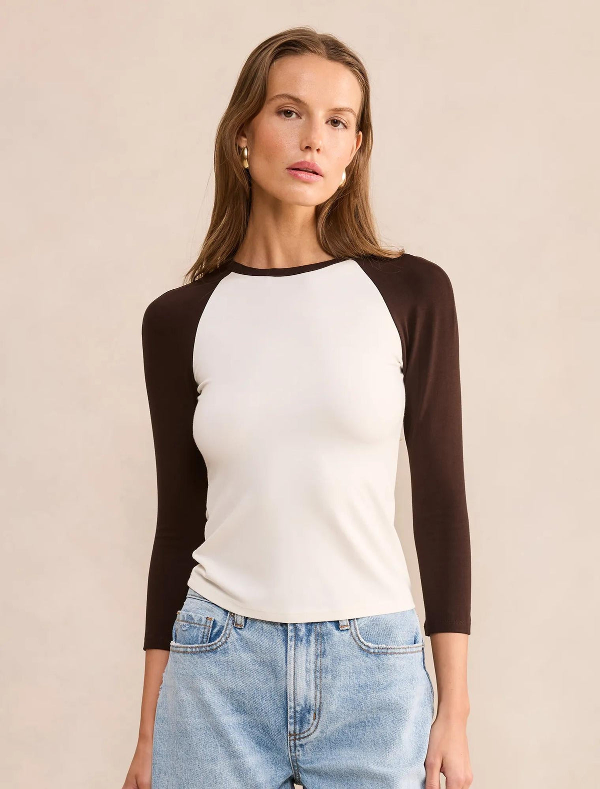 Sasha Kontrast Raglan Sleeve Bluz Çikolata Kahvesi/Krem