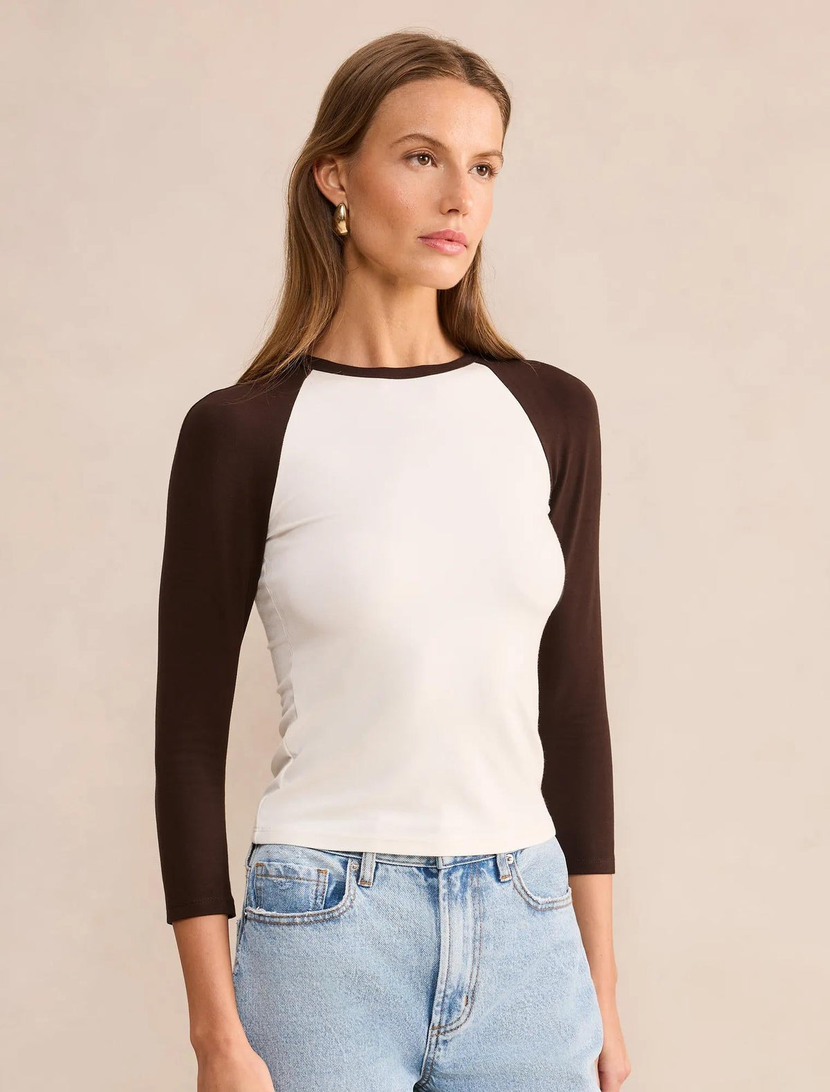 Sasha Kontrast Raglan Sleeve Bluz Çikolata Kahvesi/Krem