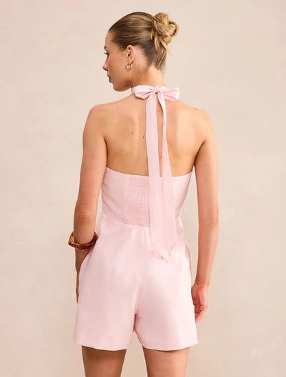 Kaylie Boyundan Bağlamalı Keten Playsuit Petal Pembe