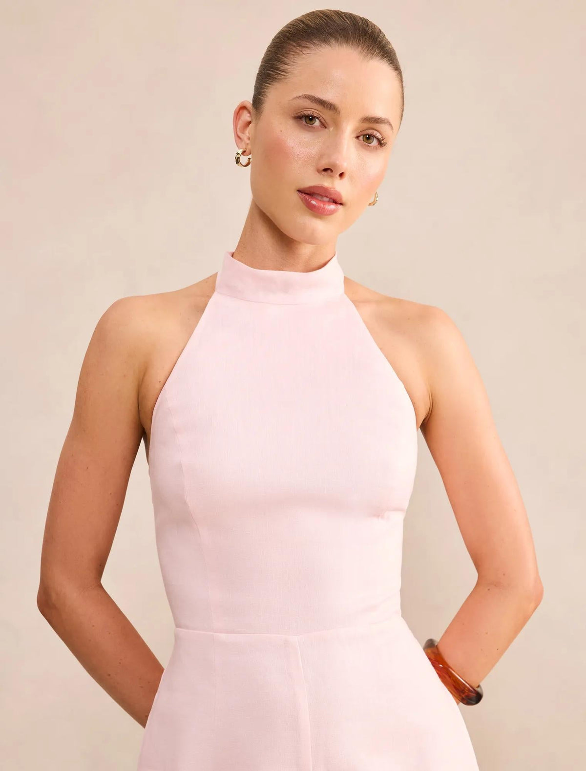 Kaylie Boyundan Bağlamalı Keten Playsuit Petal Pembe