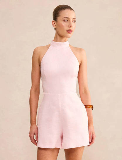 Kaylie Boyundan Bağlamalı Keten Playsuit Petal Pembe