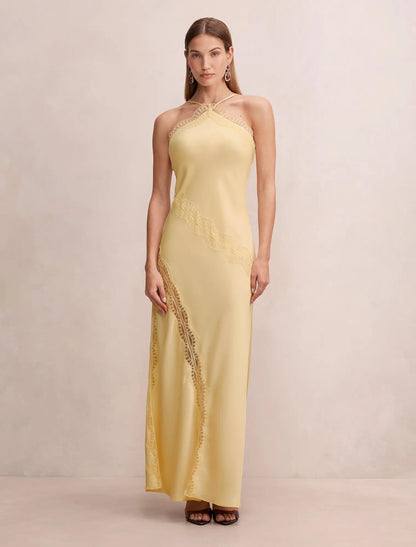 Cosette Dantel Insert Maxi Elbise Yumuşak Sarı