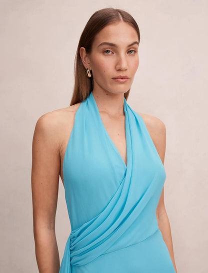 Rory Boyundan Bağlamalı Drape Maxi Elbise Mavi Mist