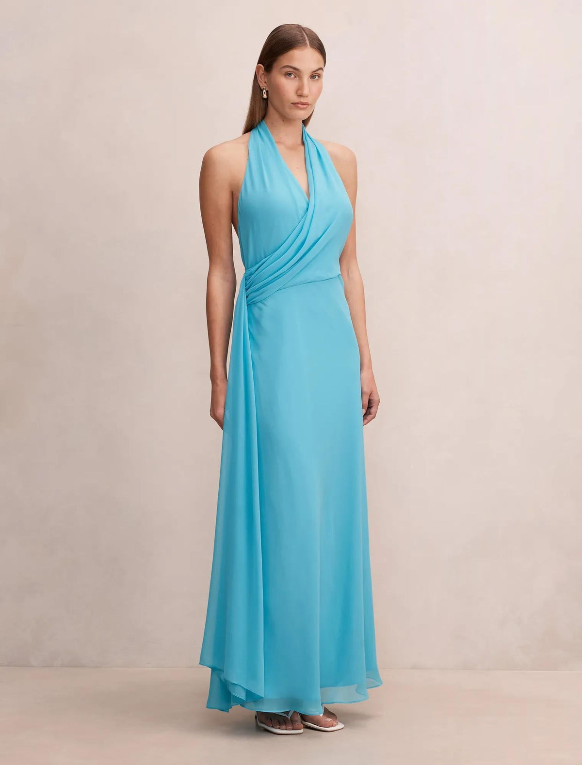 Rory Boyundan Bağlamalı Drape Maxi Elbise Mavi Mist