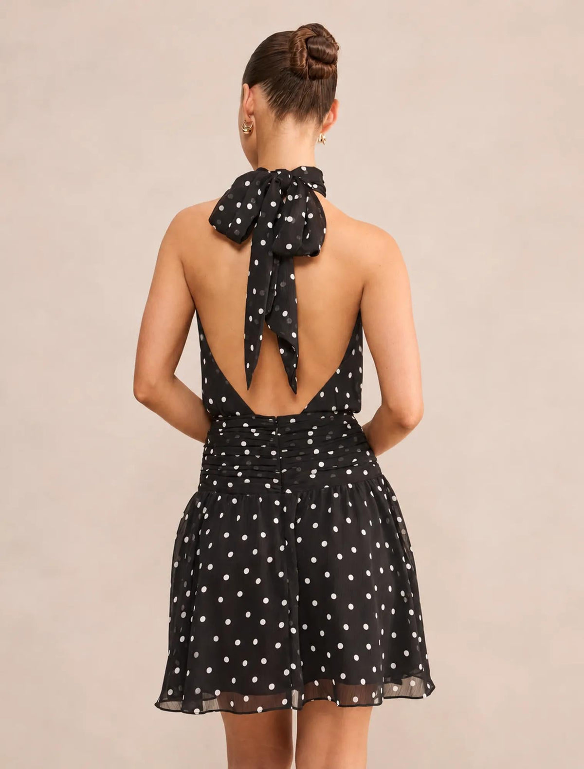 Brin Petite Backless Boyundan Bağlamalı Mini Elbise Dark Vale Puantiyeli