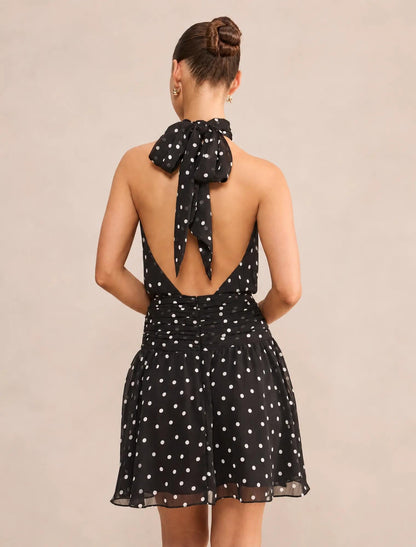 Brin Petite Backless Boyundan Bağlamalı Mini Elbise Dark Vale Puantiyeli