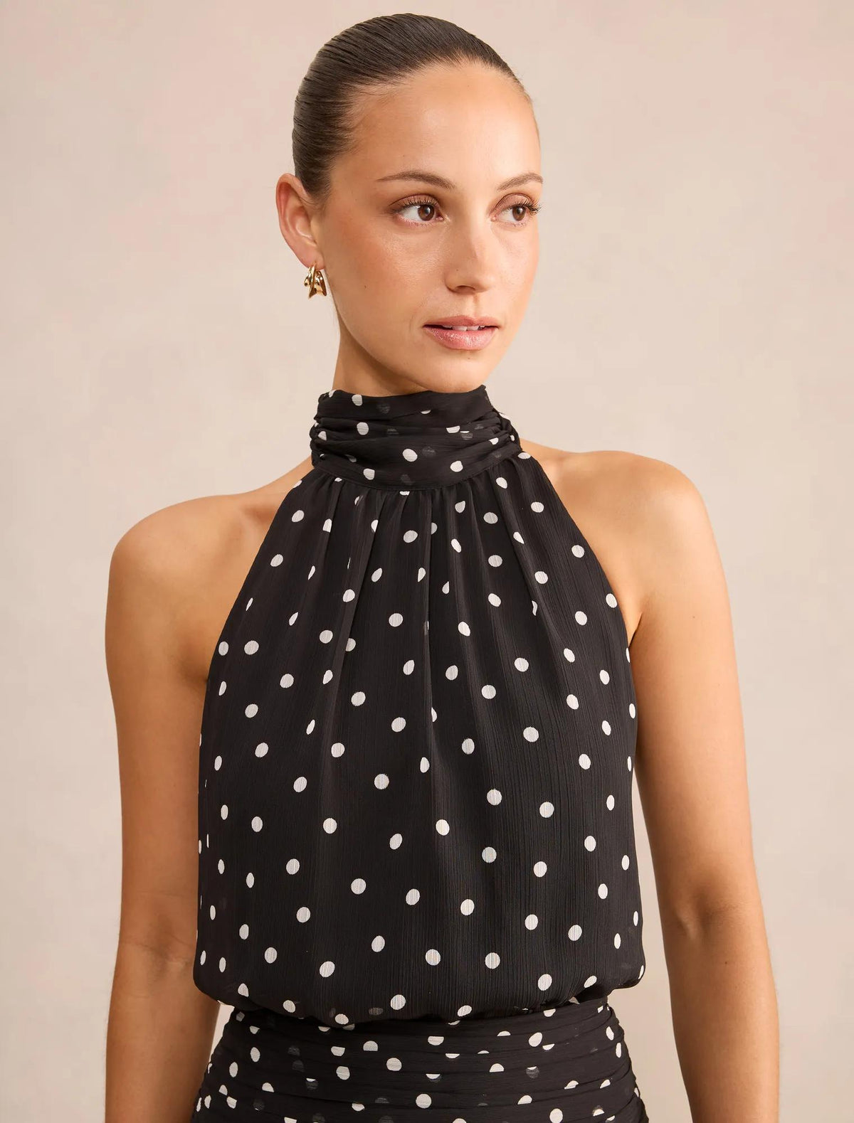 Brin Petite Backless Boyundan Bağlamalı Mini Elbise Dark Vale Puantiyeli