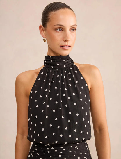 Brin Petite Backless Boyundan Bağlamalı Mini Elbise Dark Vale Puantiyeli
