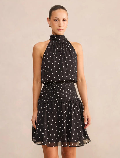 Brin Petite Backless Boyundan Bağlamalı Mini Elbise Dark Vale Puantiyeli