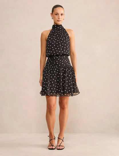 Brin Petite Backless Boyundan Bağlamalı Mini Elbise Dark Vale Puantiyeli