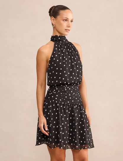 Brin Petite Backless Boyundan Bağlamalı Mini Elbise Dark Vale Puantiyeli