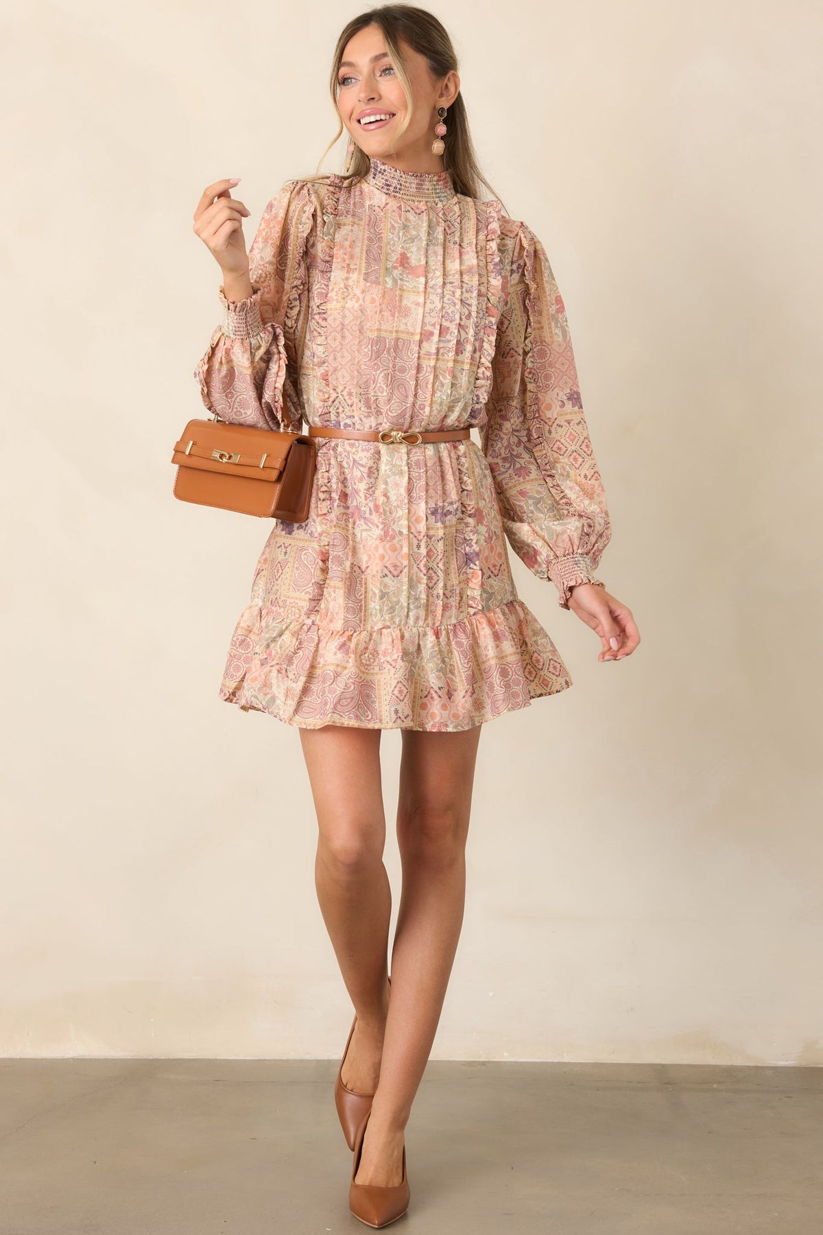 Pudra Çok Renkli Patchwork Desenli Mini Elbise