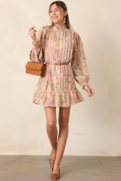 Pudra Çok Renkli Patchwork Desenli Mini Elbise