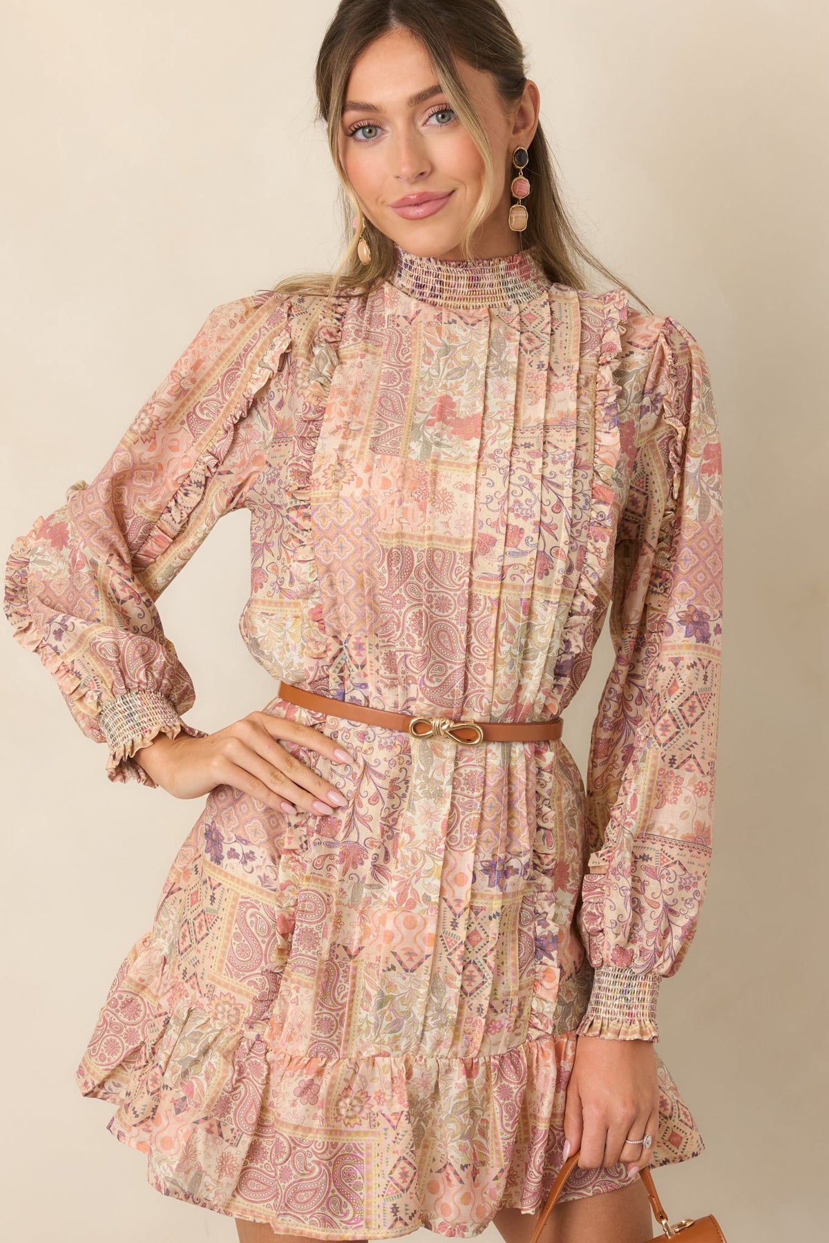 Pudra Çok Renkli Patchwork Desenli Mini Elbise