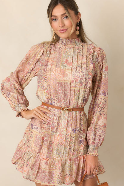 Pudra Çok Renkli Patchwork Desenli Mini Elbise