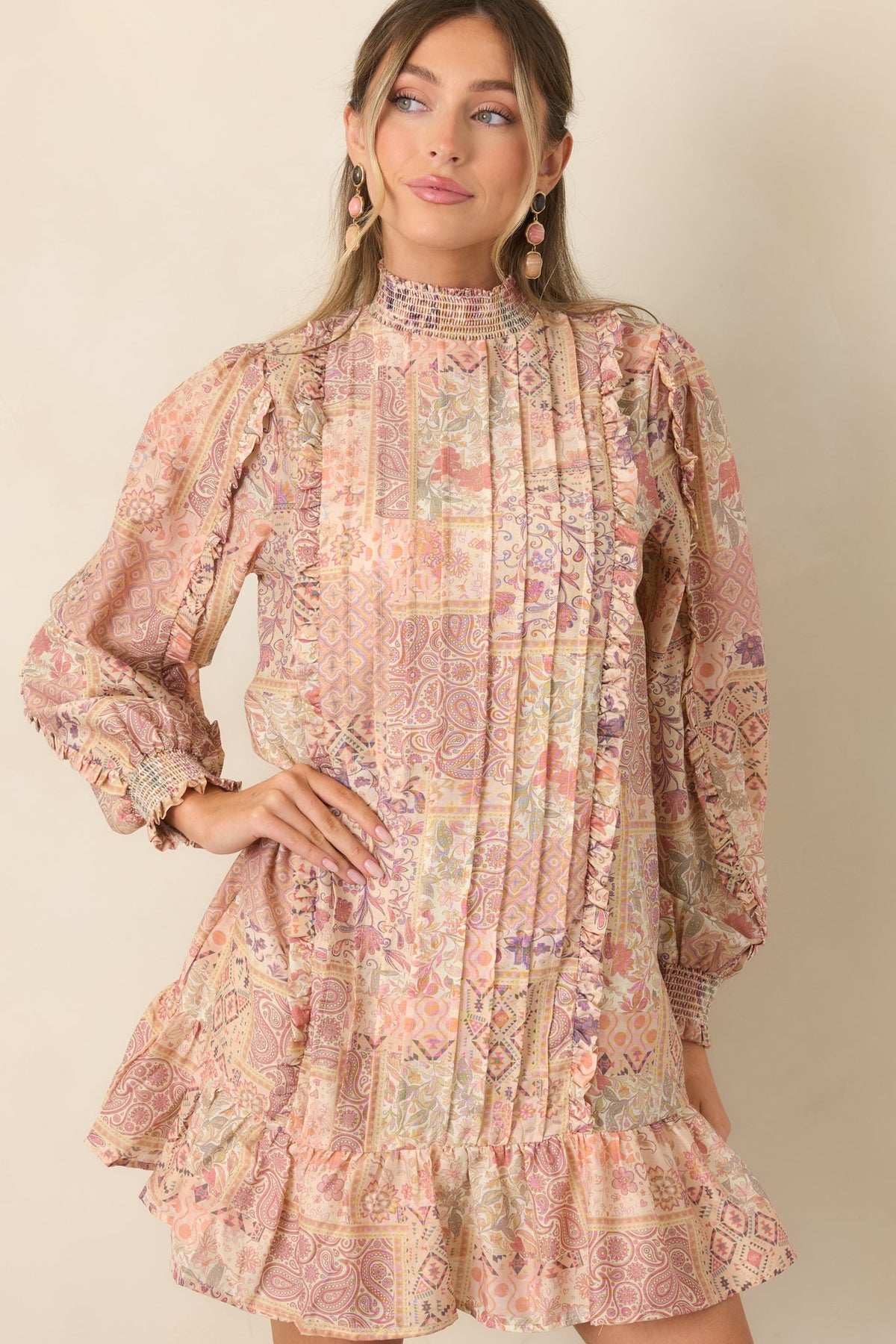 Pudra Çok Renkli Patchwork Desenli Mini Elbise
