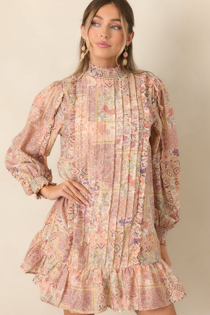 Pudra Çok Renkli Patchwork Desenli Mini Elbise