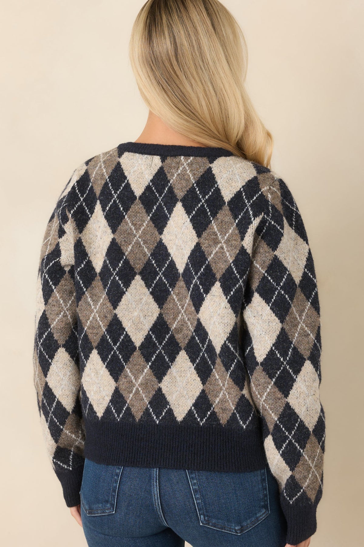 Lacivert Çok Renkli Baklava Desenli Triko Hırka