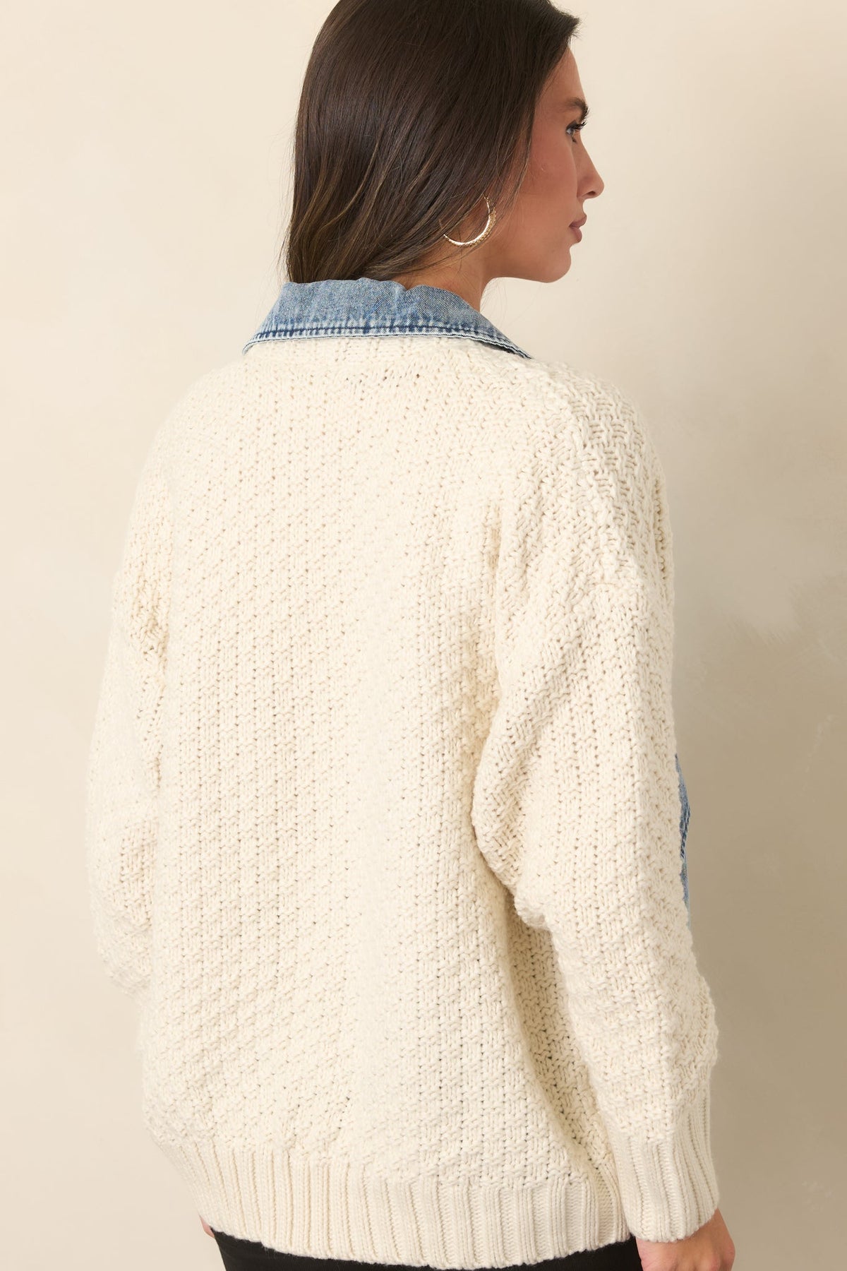 Ekru Triko Denim Detaylı Çıtçıtlı Ceket
