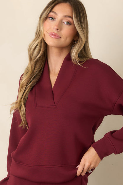 Bordo V Yaka Uzun Kollu Sweatshirt