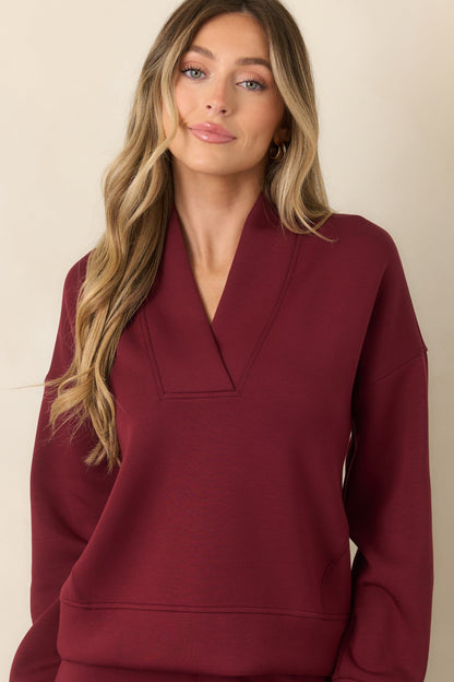 Bordo V Yaka Uzun Kollu Sweatshirt