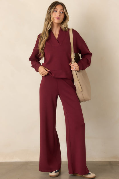 Bordo V Yaka Uzun Kollu Sweatshirt