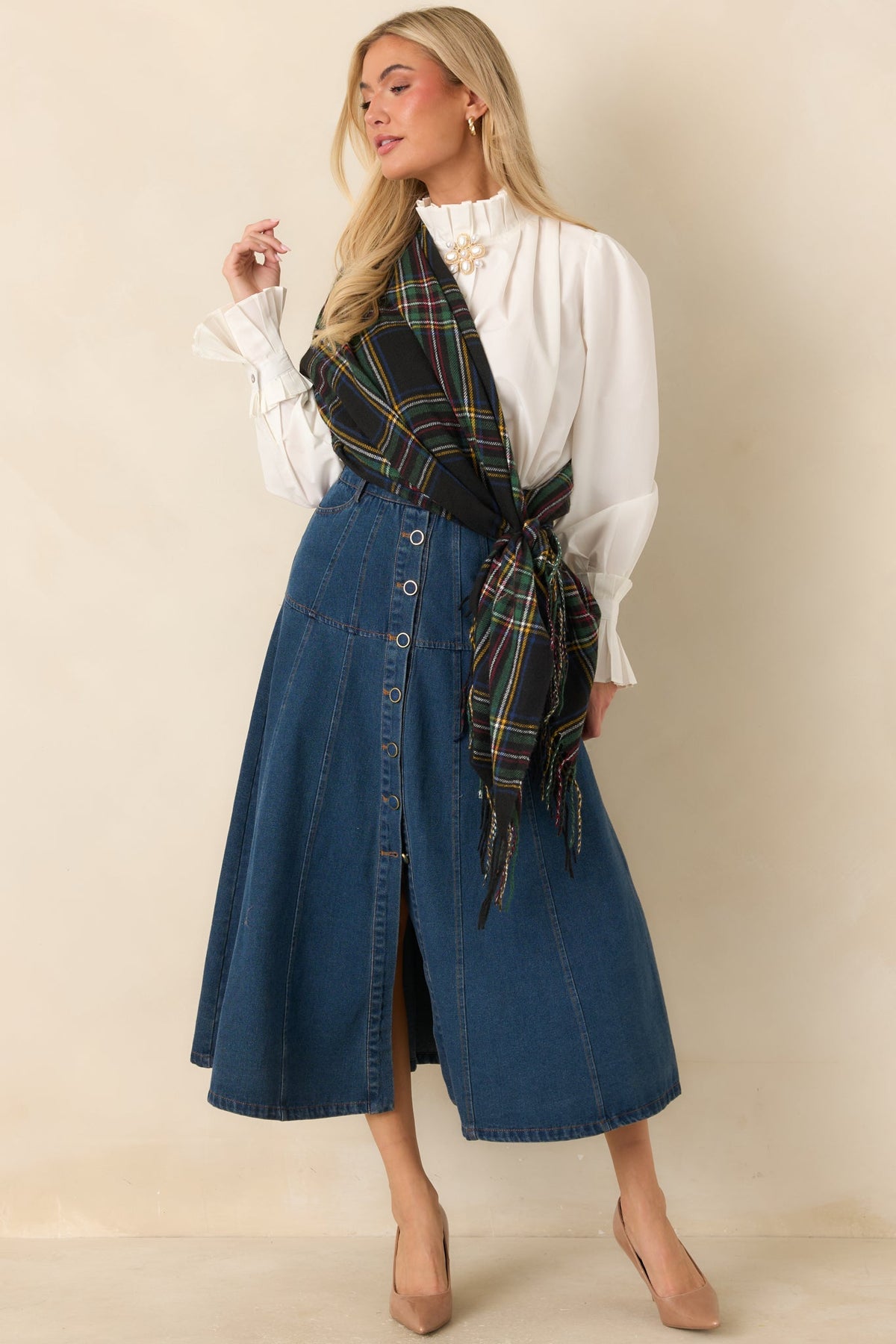 Koyu Mavi Önden Düğmeli Denim Midi Etek