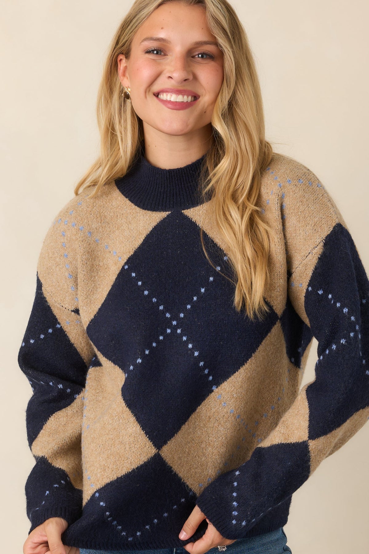 Camel Lacivert Baklava Desenli Triko Kazak